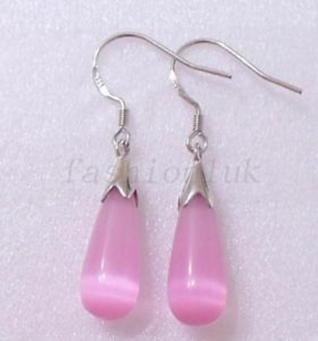 【送料無料】ファッションレディティアドロップピンクソリッドシルバーフックイヤリングfashion1uk lady tear drop pink cats eye stone 925 solid silver hook earrings