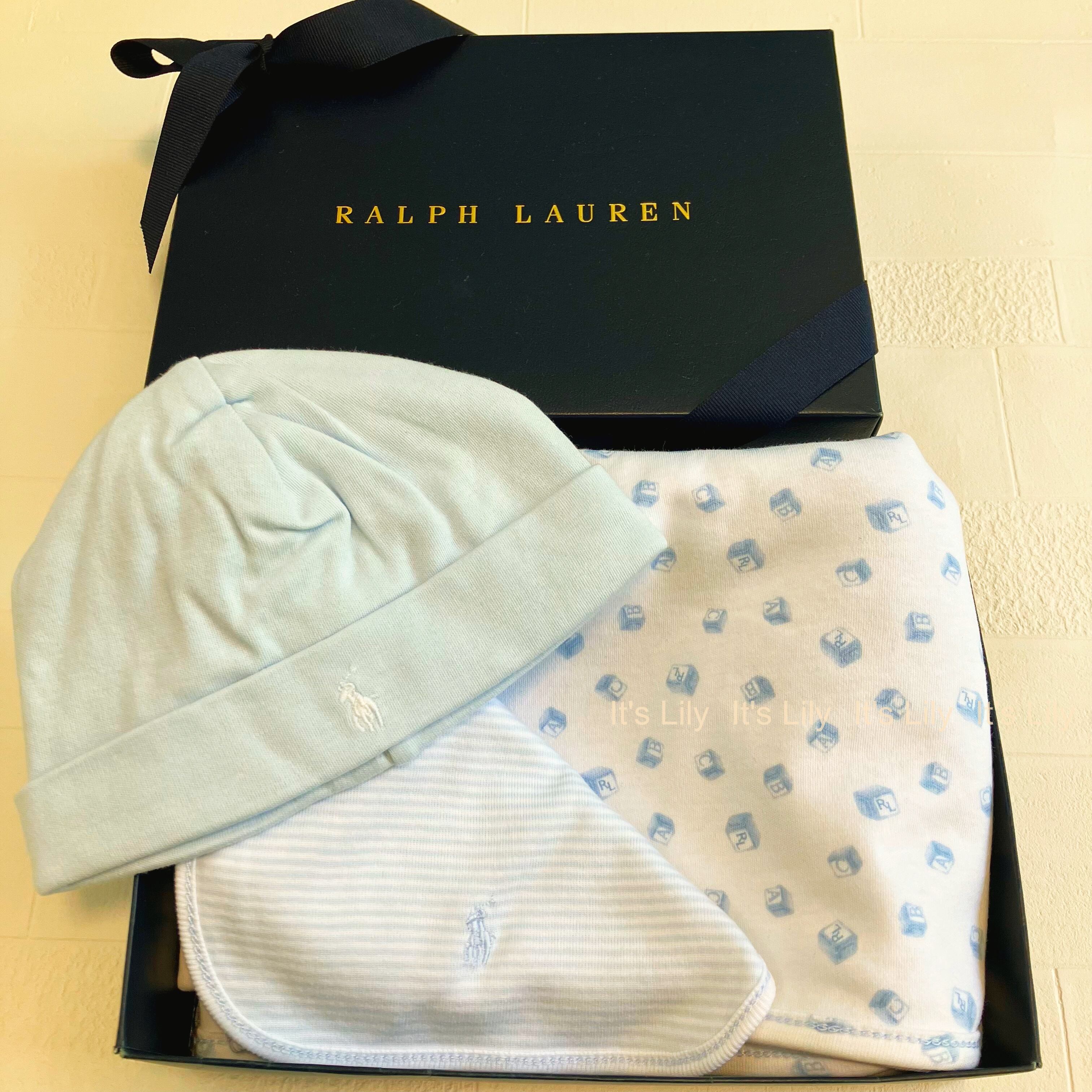 3点セット 水色おくるみ、水色無地スタイ、水色無地帽子 ラルフ  