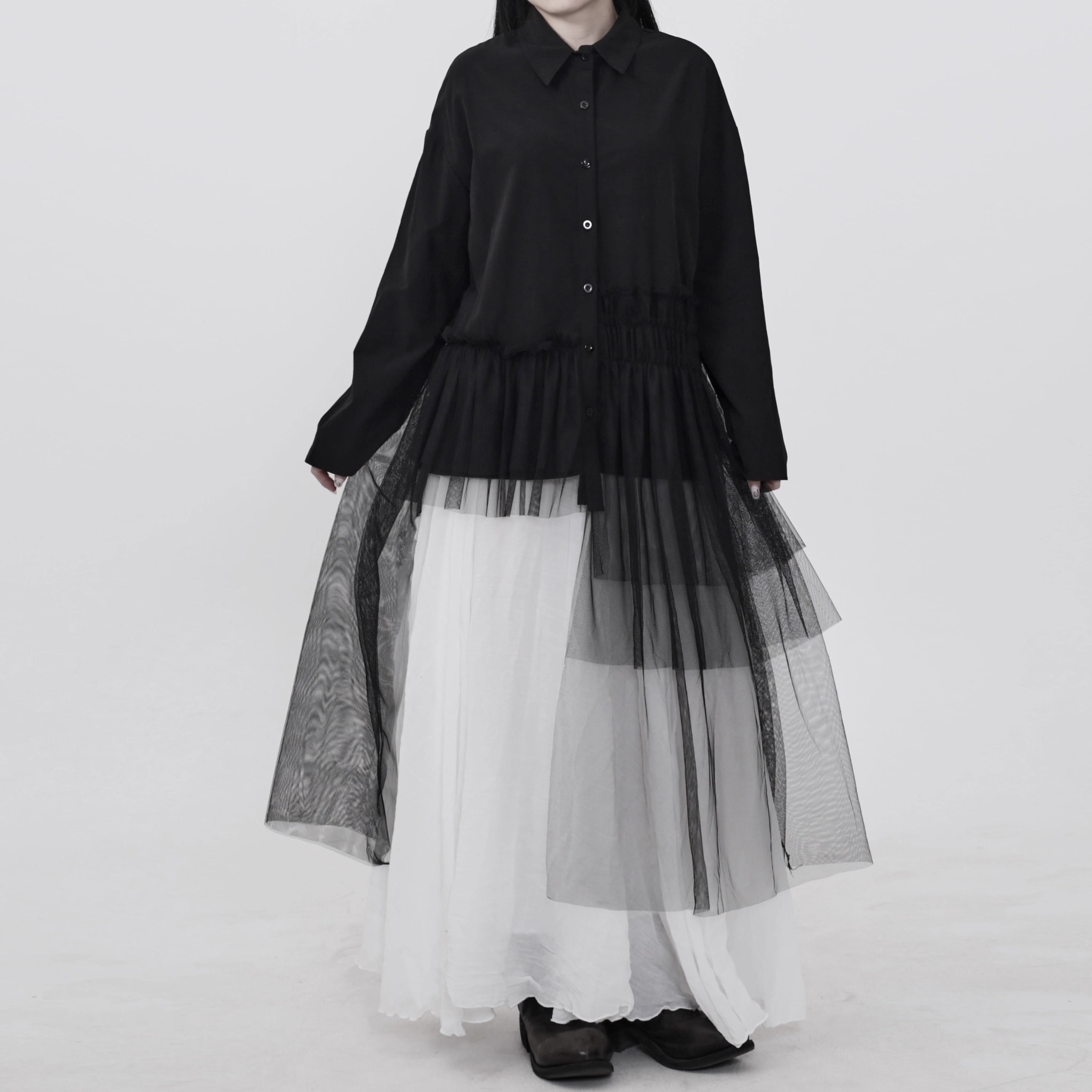 長袖 チュール切替 マキシ丈 シャツワンピース 1color BL0547