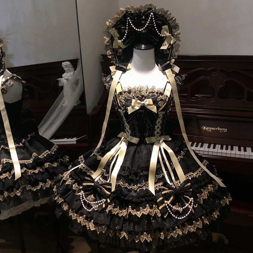 ゴスロリドレス3点セット ゴスロリドレス バックリボン レース 編み上げ プリンセスドレス