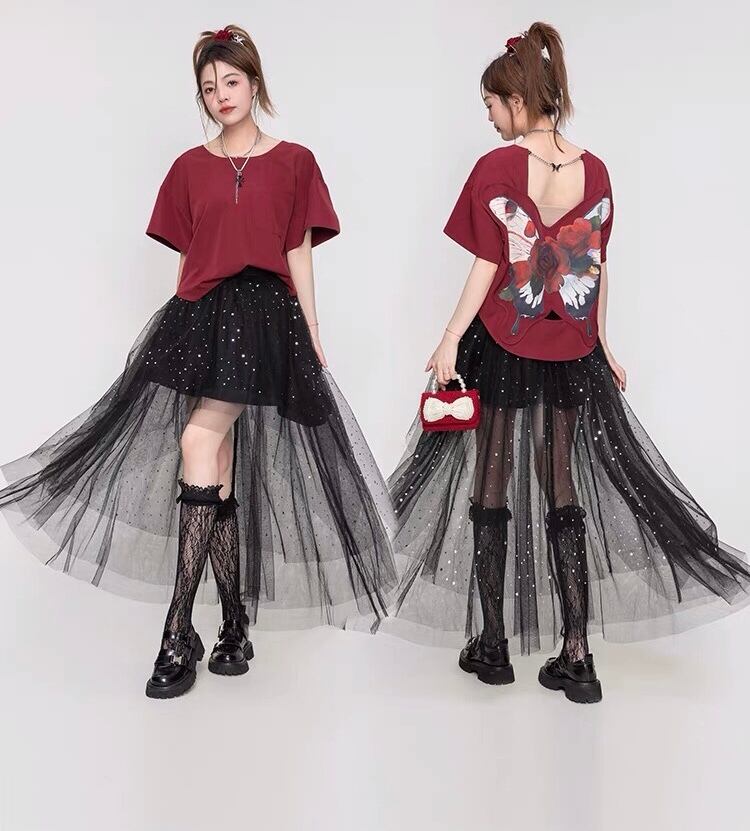 トップス 赤 バタフライ 蝶々 トップス ブラウス カーディガン