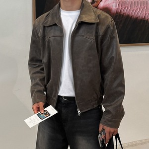 レトロショートブラウンフェイクレザーブルゾン　994