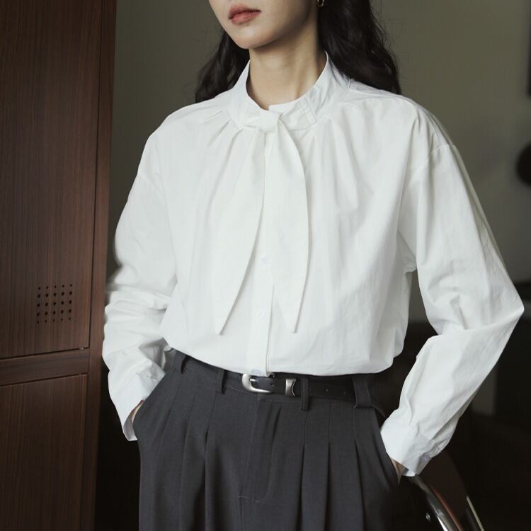 ボックスシルエット スタンドカラー ボウタイブラウス 00081