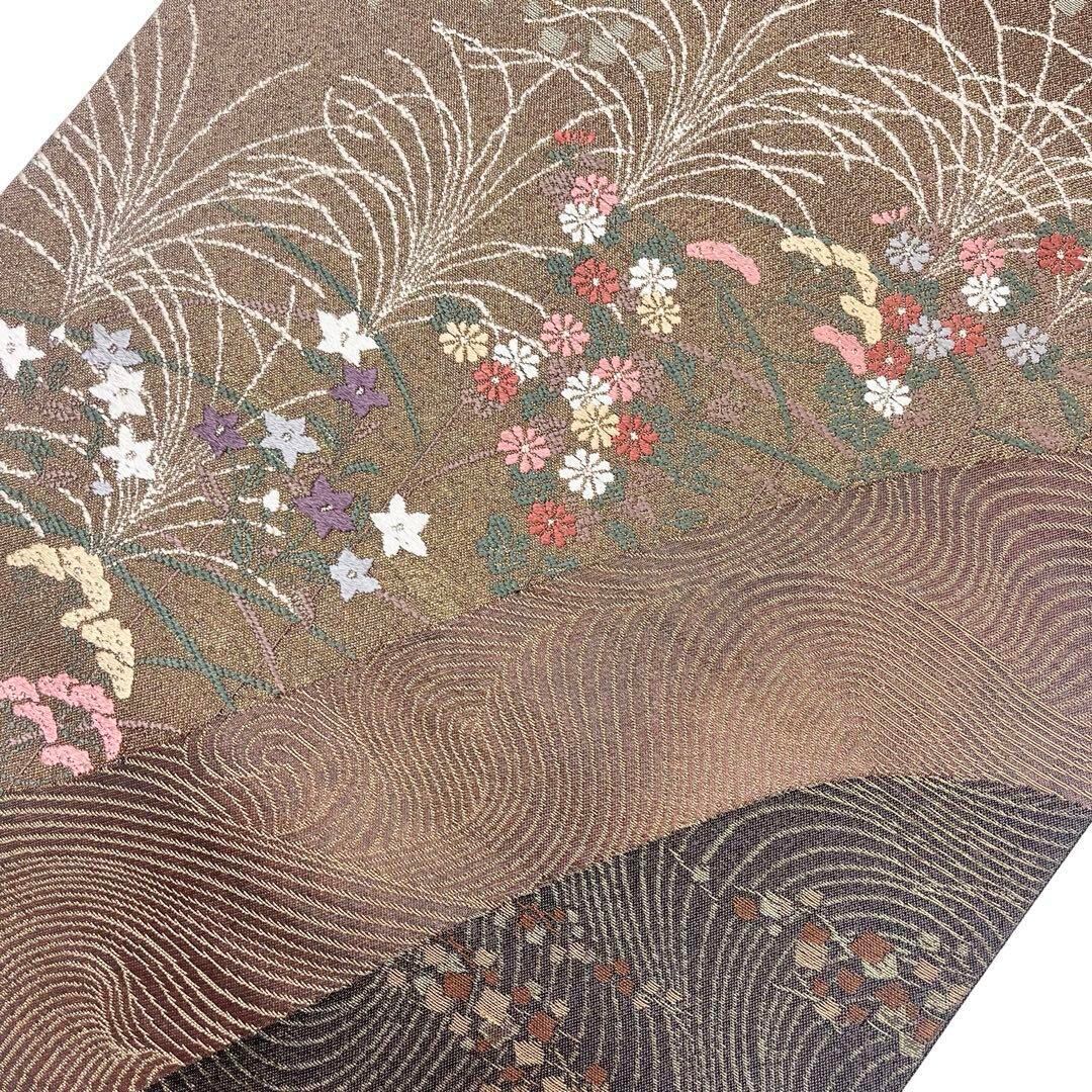 袋帯 満月光 花草模様 流水 唐茶色 O-4226 | リユース着物わびさび 