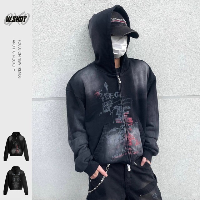 VINTAGE ストリート スプレー加工 ジップパーカー T1992