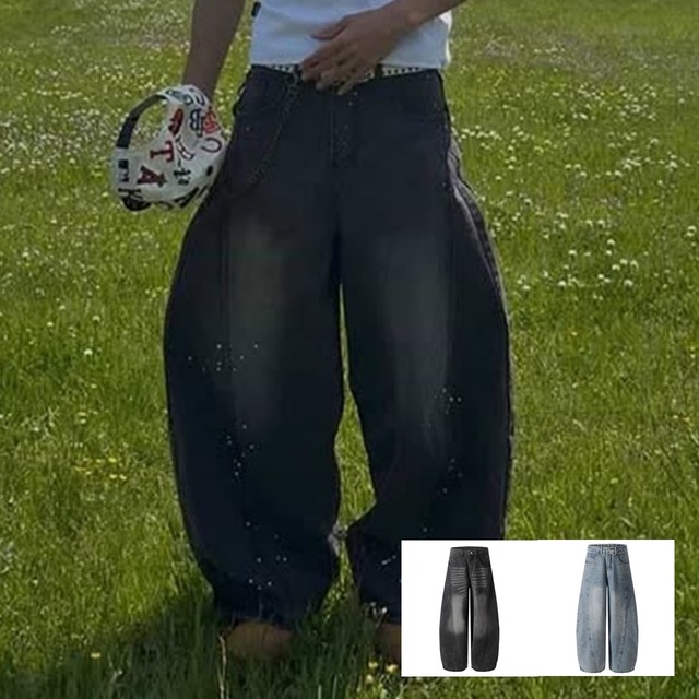 ウォッシュ ワイドデニム パンツ メンズ y2k ストリート b00580 【S～XLサイズ】