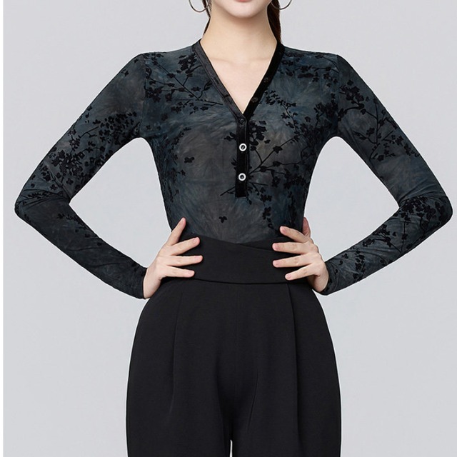 ロングスリーブ Vネック レース  ( レオタードタイプ)  ds1252