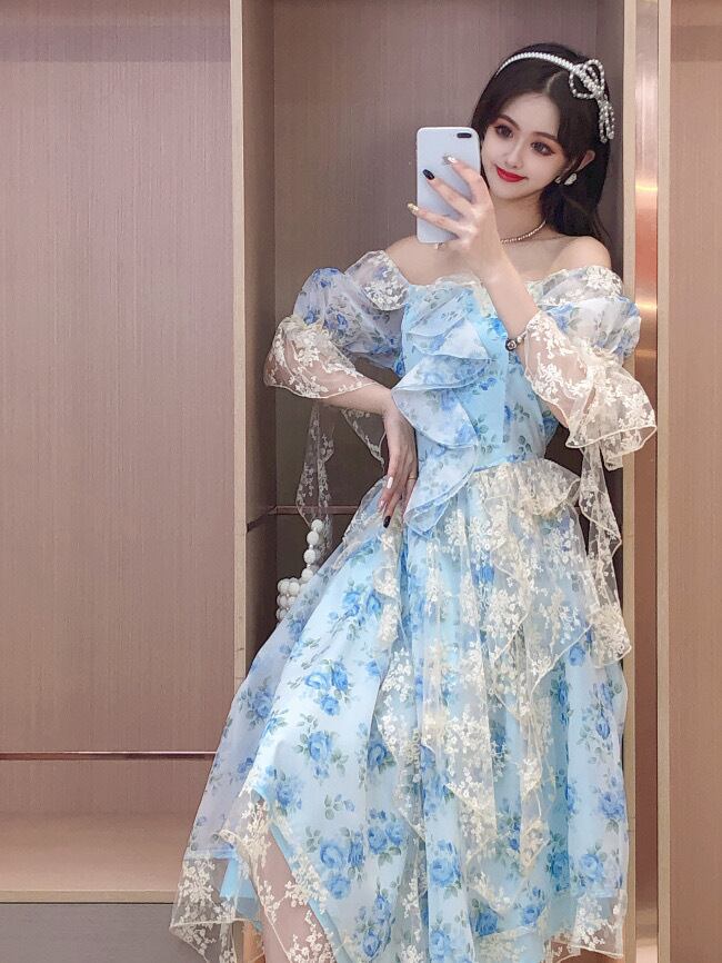 ワンピース 水色 ドレス 花柄 フラワー ワンピース ピンク 柄 花柄