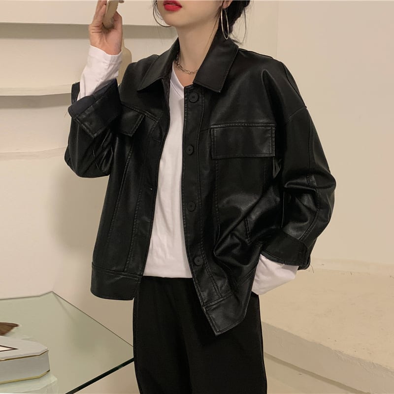 ショートブラックレザージャケット オータム ストリート 秋物 萌量不足67969542575