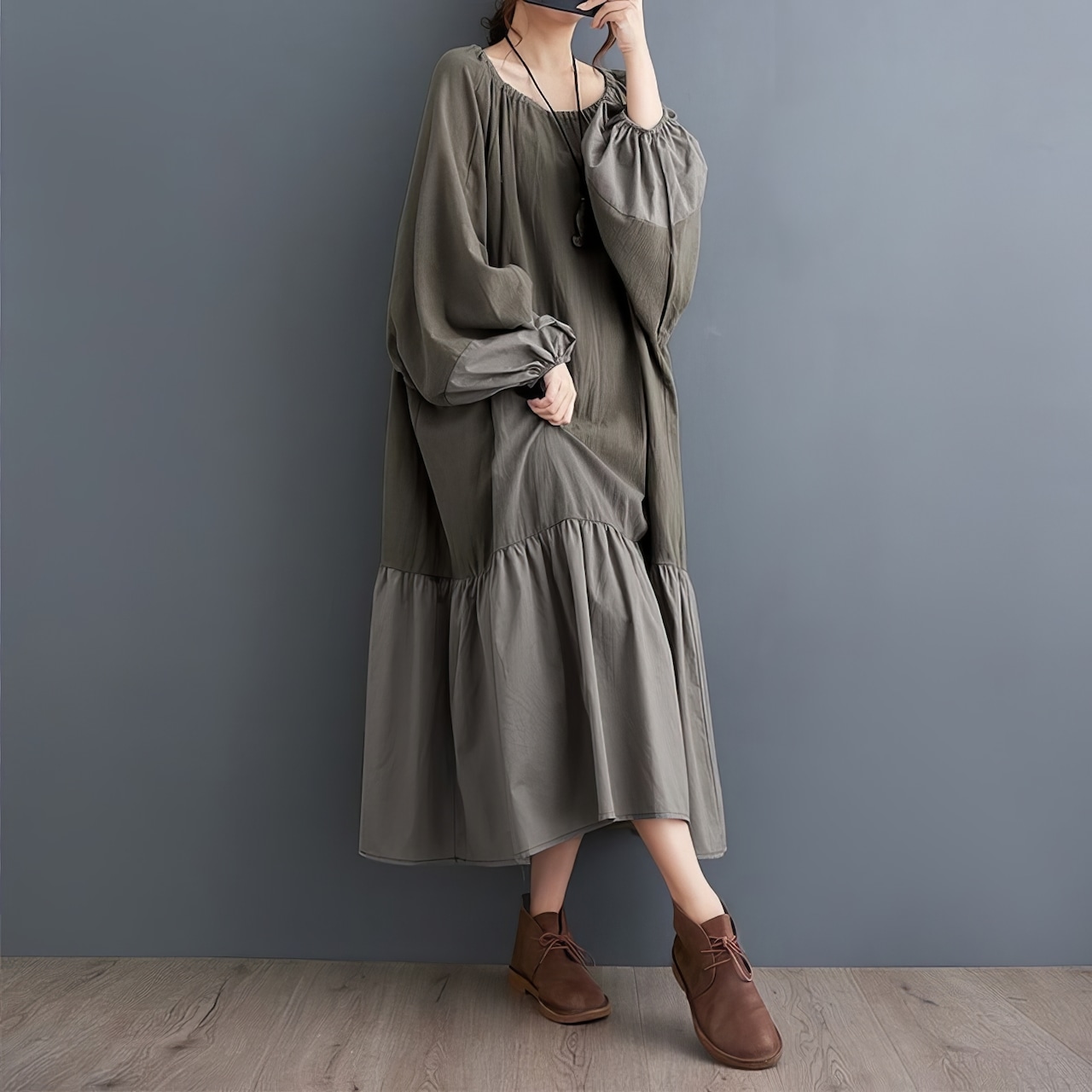 ボートネック バルーンスリーブ ワンピース 00176