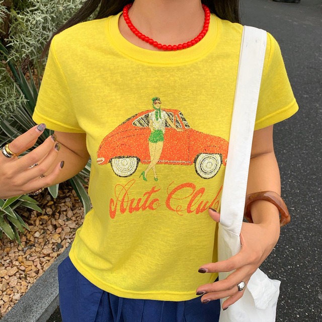 vintage like auto club lady print tee  e2024