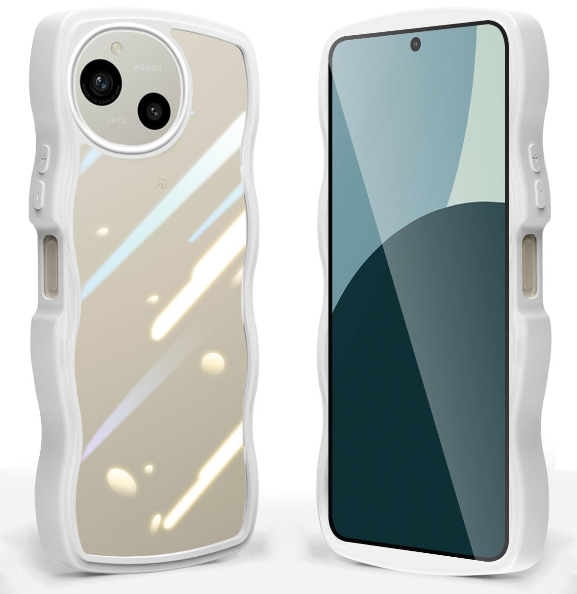 AQUOS R9/R10 ケース SH-51F/SH-51E カバー クリア 波状フレーム グーグル 耐衝撃 うねうね 女性用 女子向け 人気 アクオス R9/R10 スマホケース 薄型 軽量 透明 TPU ストラップホール付き ワイヤレス充電対応 (ホワイト)