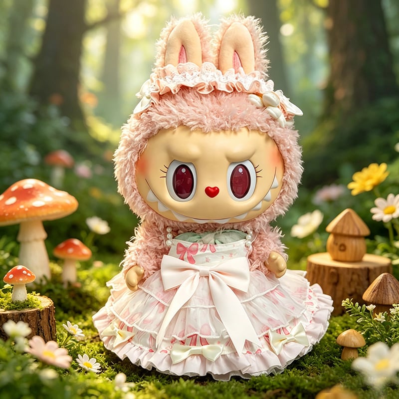 ちびくま工房　バニーラブ　15センチ バラのワンピ　リボン刺繍 38cm Labubu用 プリンセス リボン柄ワンピース+ヘアアクセサリー+靴
