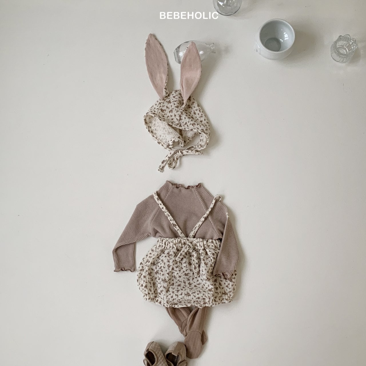 即納⌇花柄 サスペンダー ブルマ うさぎ ボンネット セット