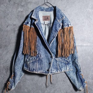 Chemical wash fringe design short denim jacket