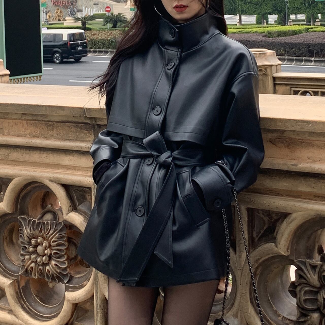 スタンドカラー ミドルレザージャケット A4394