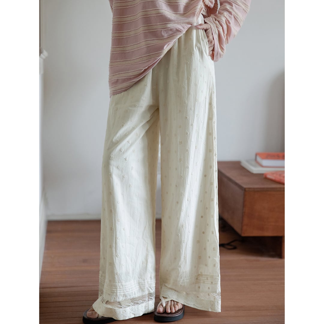 lace hem cotton wide pants