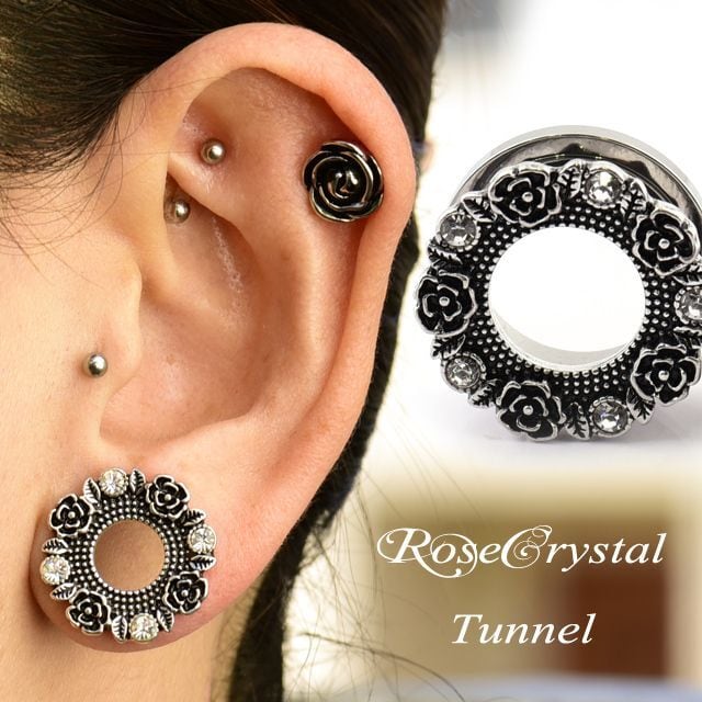 ボディピアス 00G 12mm(1/2”) ROSE クリスタル 薔薇ピアス フレッシュ