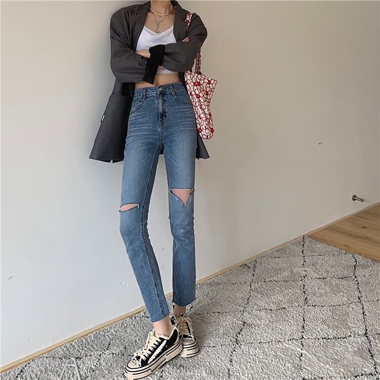 スタイルハイウェストウェストブルークロップドスプリングオータム薄手スリムパンツ 春物 秋物 モンロー36491477575