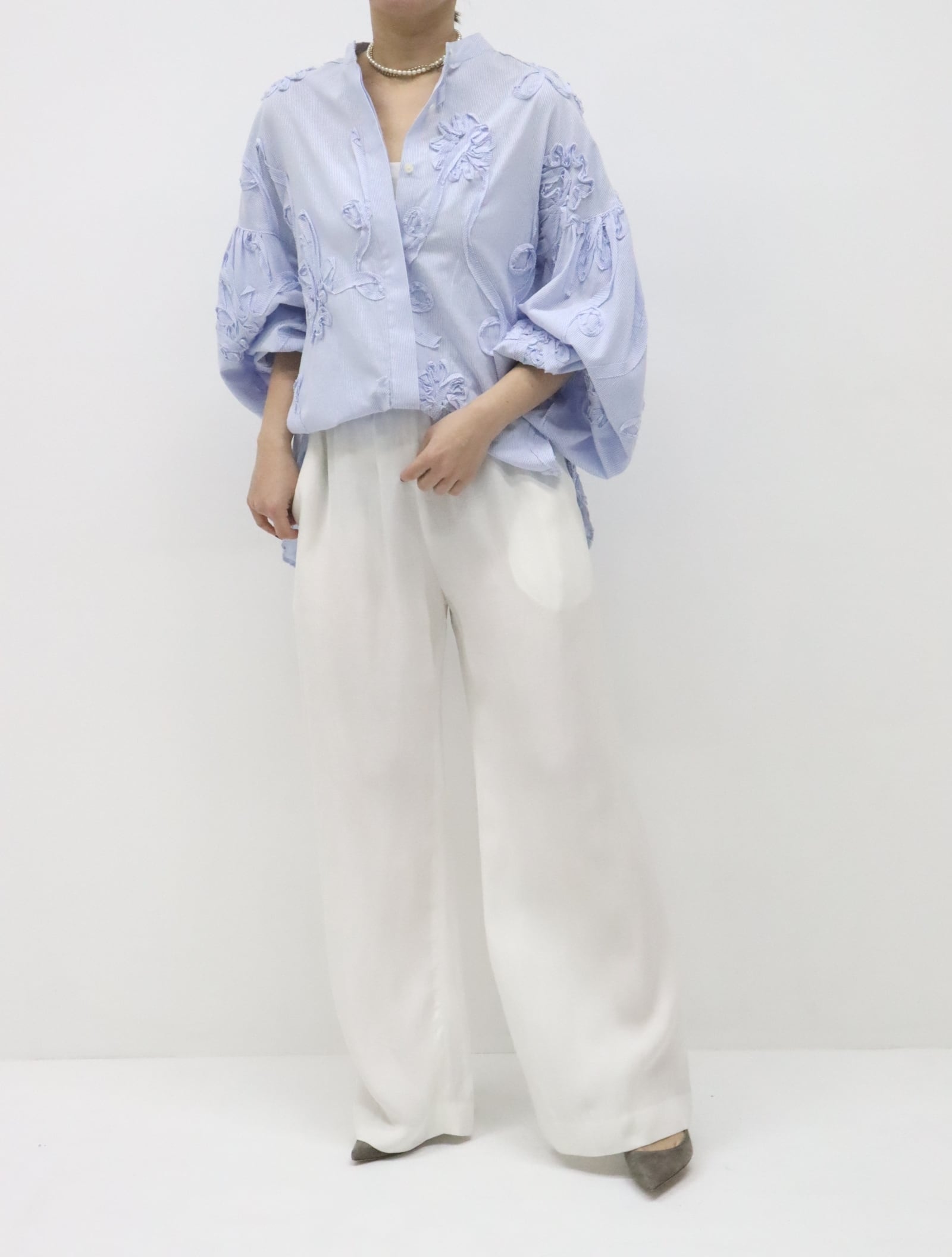 レスピラストライプエンブブラウス(ブルー)