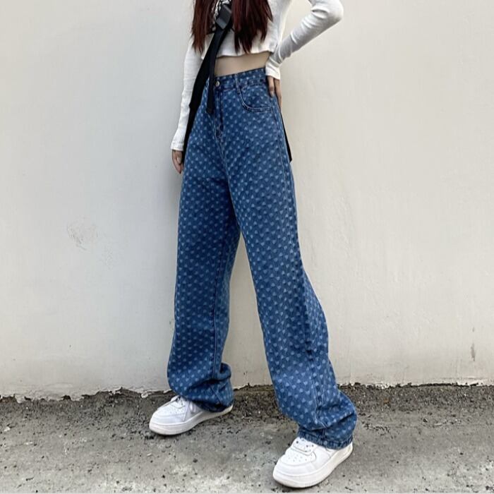 スタイルカジュアルジーンズ ハイウェストウェストスリムパンツ スタンダードジャカードワイドレッグ レトロ ストリート ワイドパンツ ケッペル20022032121