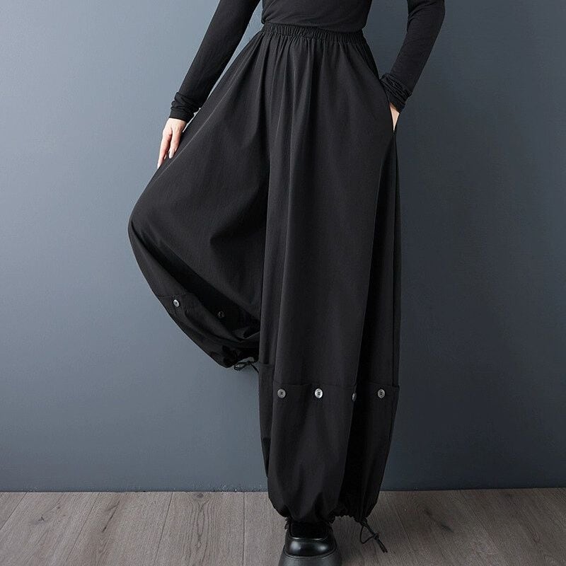 BLACK ELASTIC WAIST WIDE LEG LANTERN DESIGN PANTS 1color M-14955