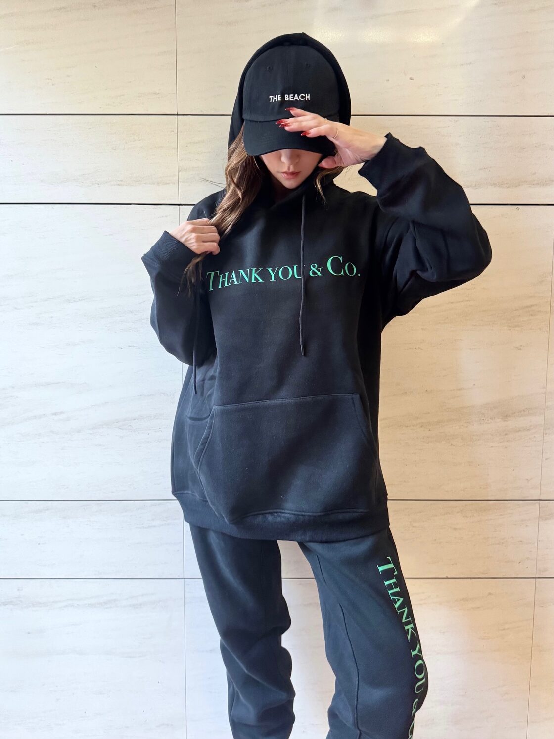 Thank you & co スウェットパンツ ブラック×ティファニーブルー ユニ 