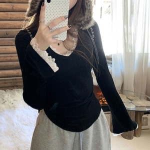 レース付き 長袖 Tシャツ レディース 春秋 韓国 トップス きれいめ 大人 カジュアル サイドギャザー 細身 フェミニン 無地 インナー シンプル 大人可愛い 大人女子