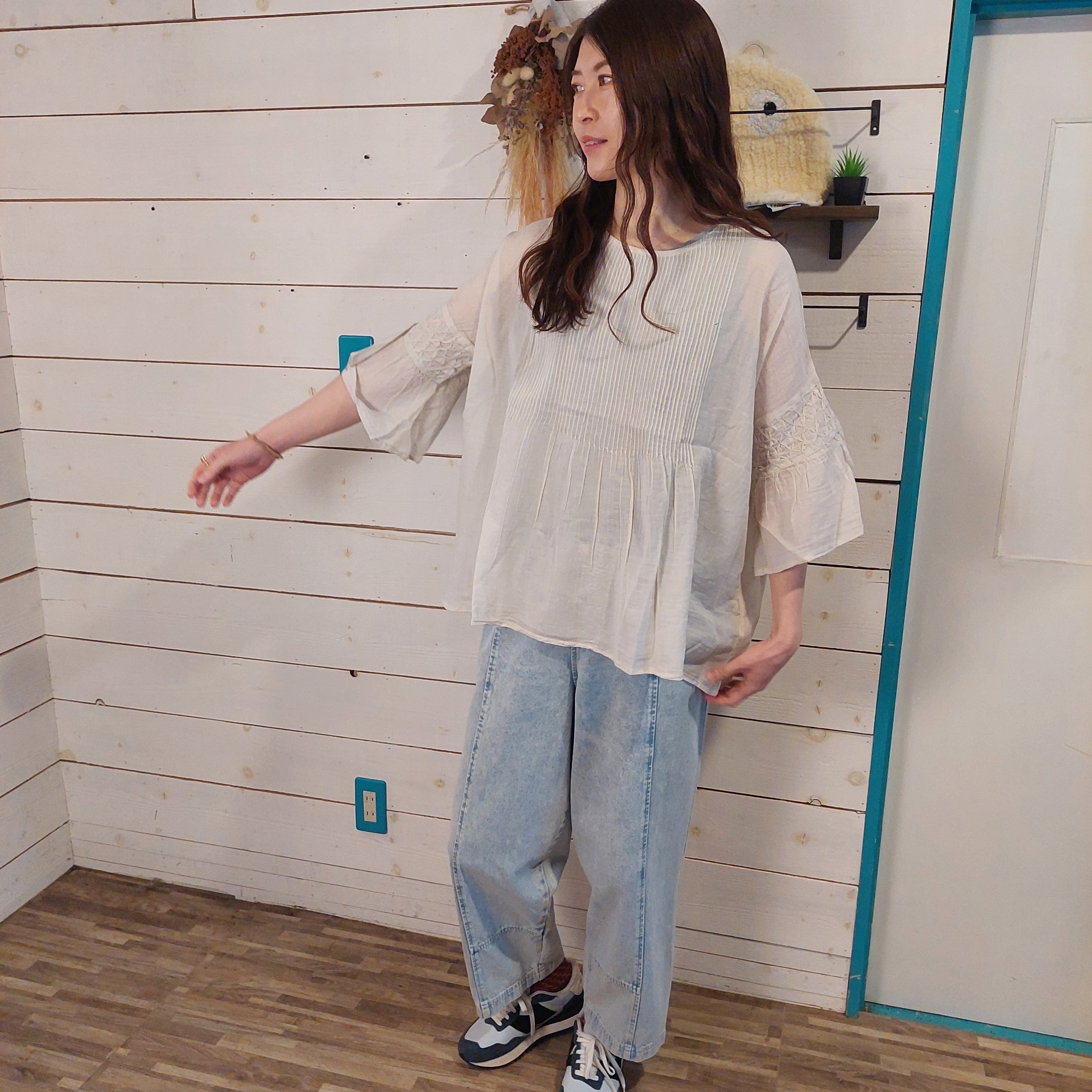 『People's』0938  ヘリンボンガーゼフリルプルオーバー　フリーサイズ