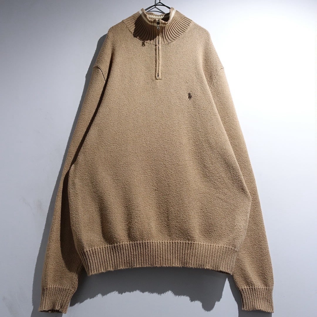 90s "Ralph Lauren" Beige Logo Line Design Cotton Half-Zip Knit