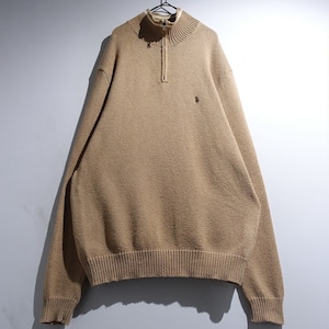 90s "Ralph Lauren" Beige Logo Line Design Cotton Half-Zip Knit