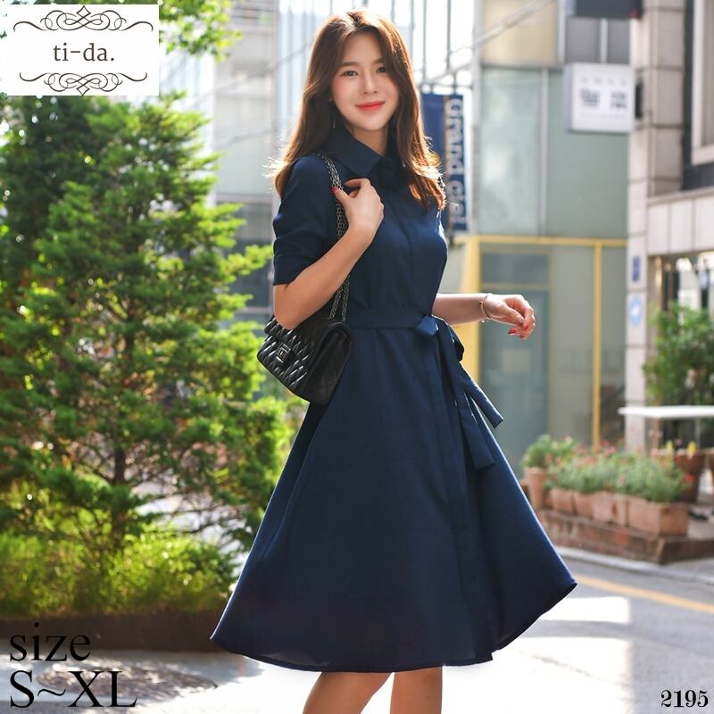 No 2195 韓国ワンピース きれいめワンピース 大人可愛いワンピース フレアワンピース ロングワンピース カジュアルワンピース ネイビー 5分袖 レディース Ti Da 韓国ワンピース専門店