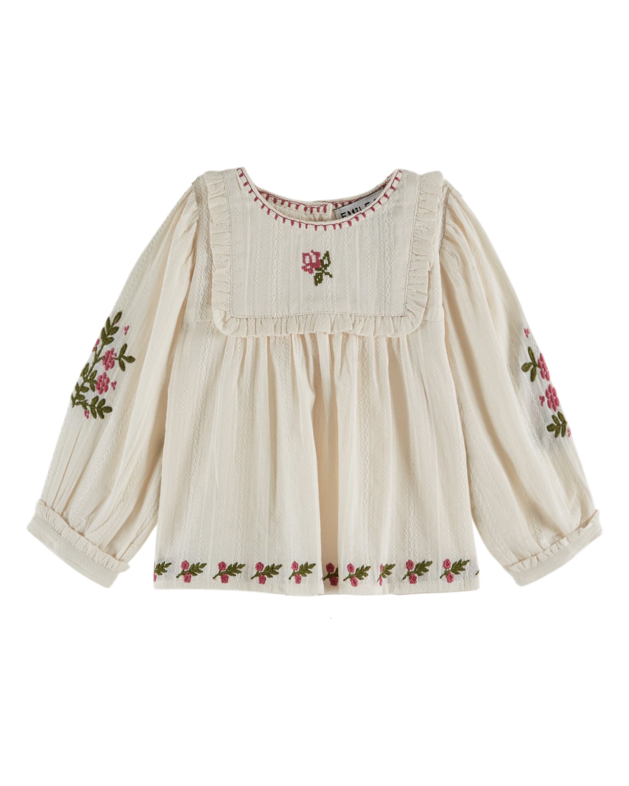 size 18m【Emile et Ida】Textured blouse embroidered with ecru flowers