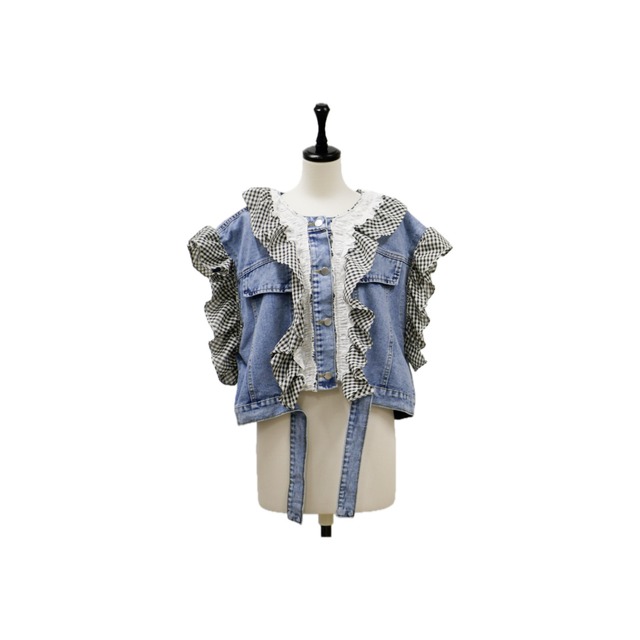 Gingham frill denim vest