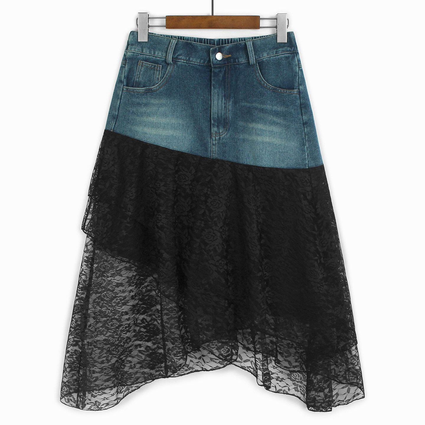 ASYMMETRIC LACE DENIM PANEL MIDI SKIRT M-17322