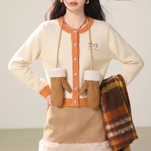 2色／刺繍バイカラーショートニットカーデ ・79429