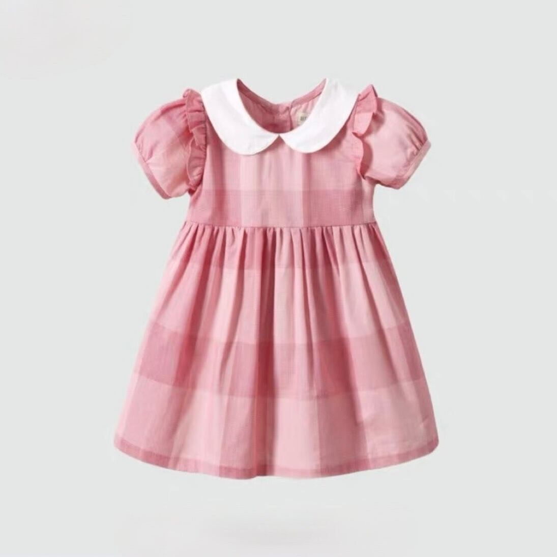 【80-120cm】全2色襟付きパフスリーブチェック柄ワンピース