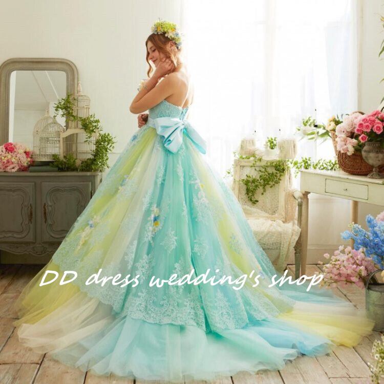 高品質！緑 ベアトップ カラードレス プリンセスライン 3D立体レース刺繍 エレガント 2次会 挙式 憧れのドレス Cinderelladress