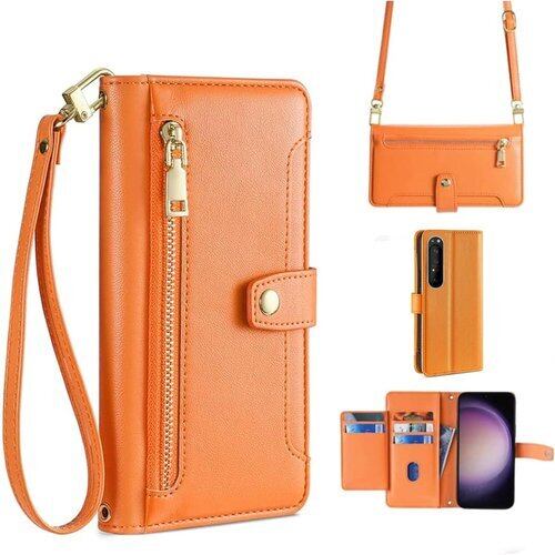 Xperia 1 II ケース 手帳型 ショルダー エクスペリア 1 ii 斜めがけ ソニー SO-51A SOG01 手帳 ケース 財布型 ストラップ 長+短 2本 肩がけ 首掛け 斜め掛け ファスナー型 小銭入れ カード収納 スタンド機能 マグネット式 PUレザー オレンジ 2041