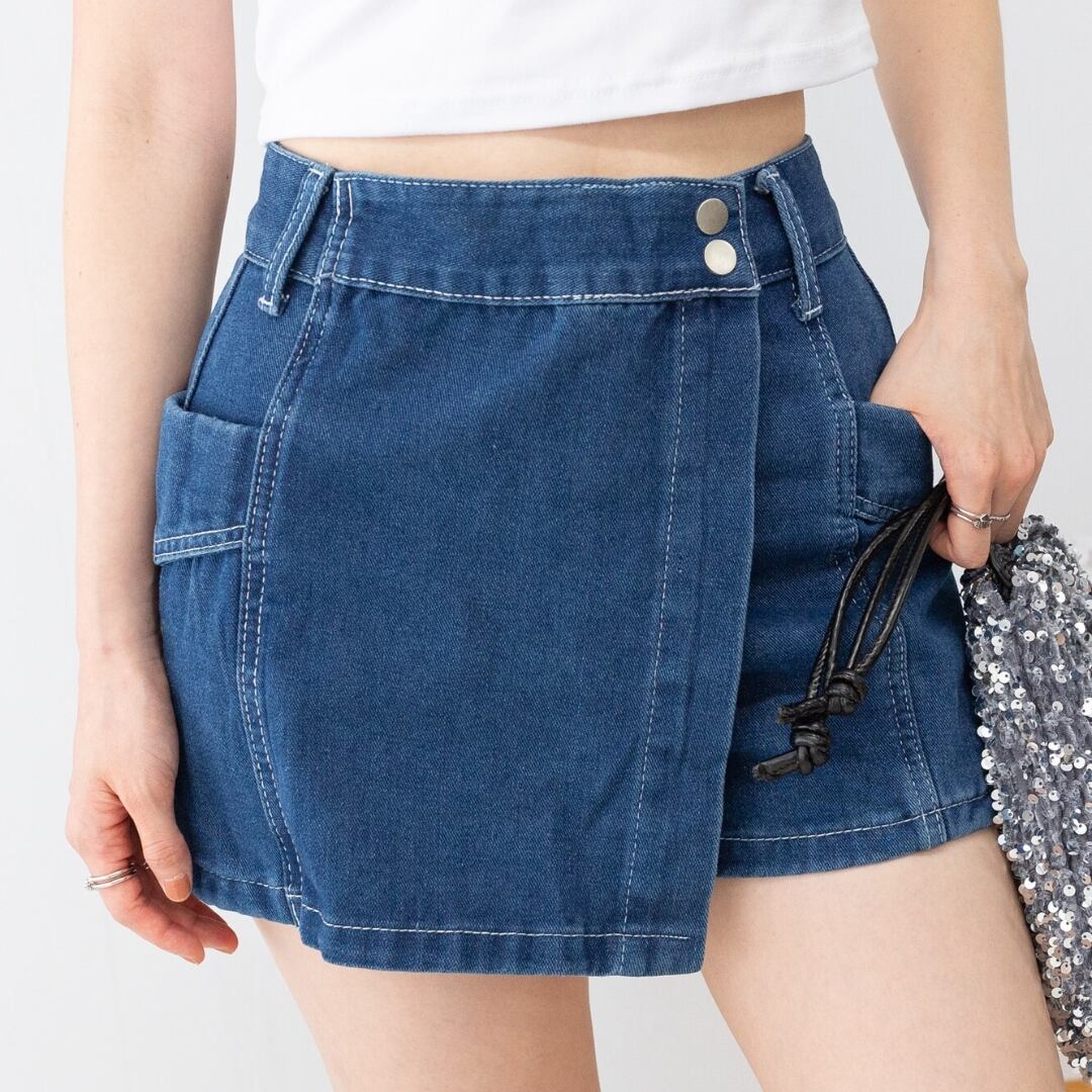 2024新作][PUMPKIN PORT]デニムショートパンツ スカパン ラップ