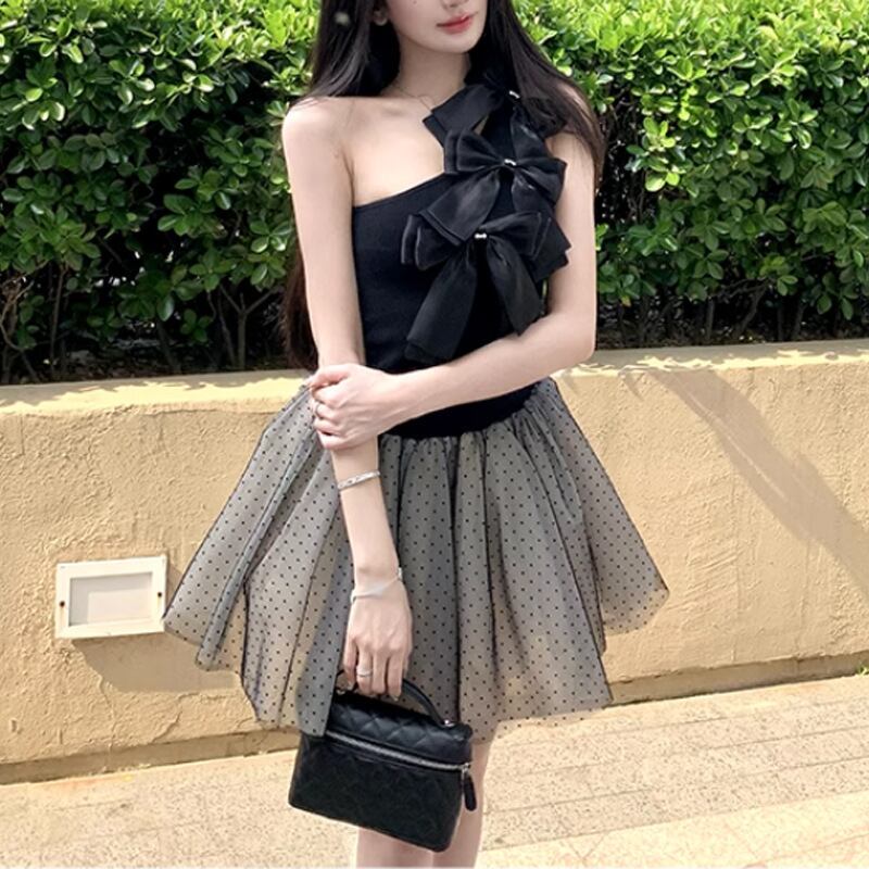 【set】リボン付きワンショルダートップス×ドット柄スカートセット M31646