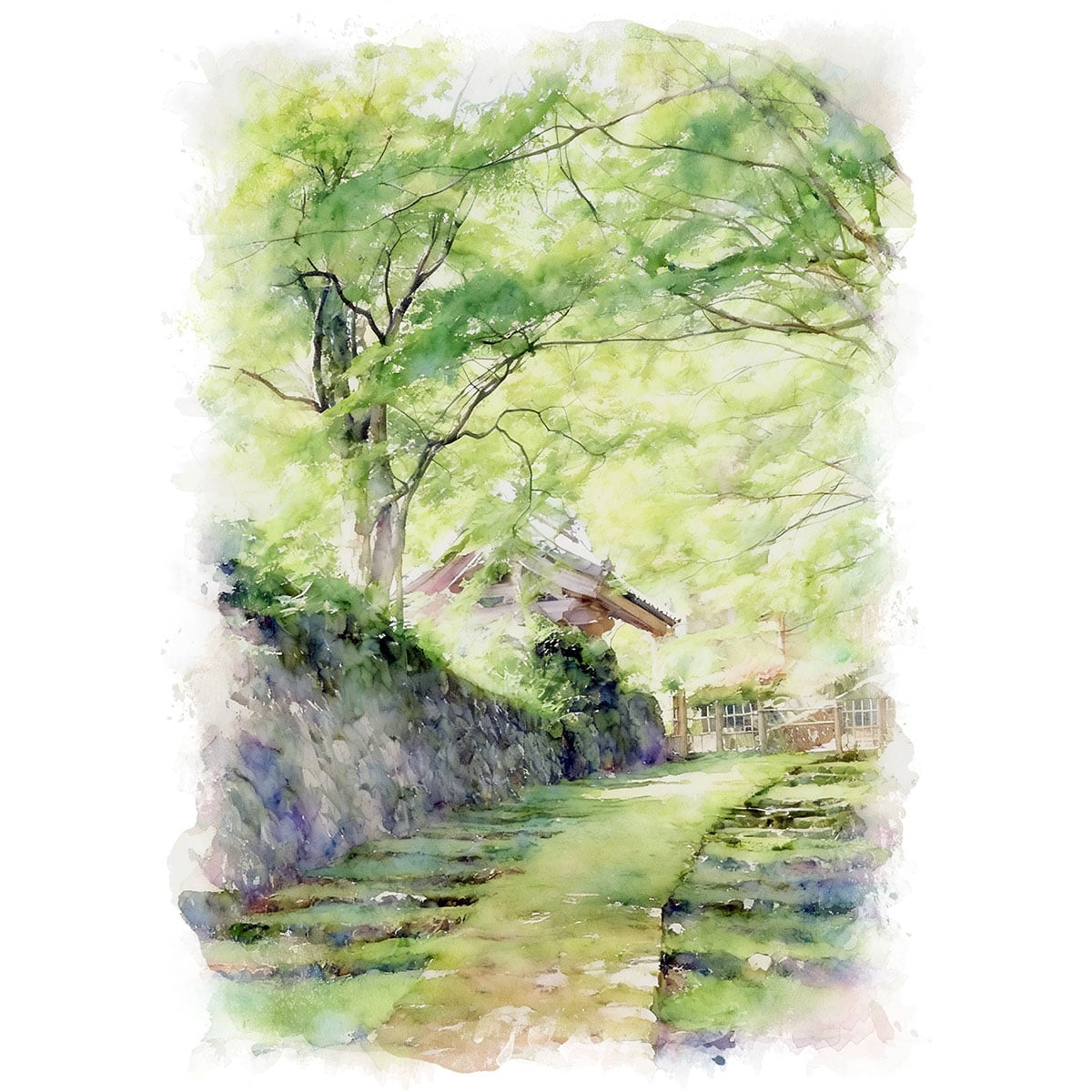 風景画 油彩 茶色フレーム付き 絵画(風景画) 日本 滋賀県新緑の百済寺 インテリアアート額付き 水彩画