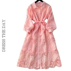 パンチングレースシャツロングドレス6色展開 D0007