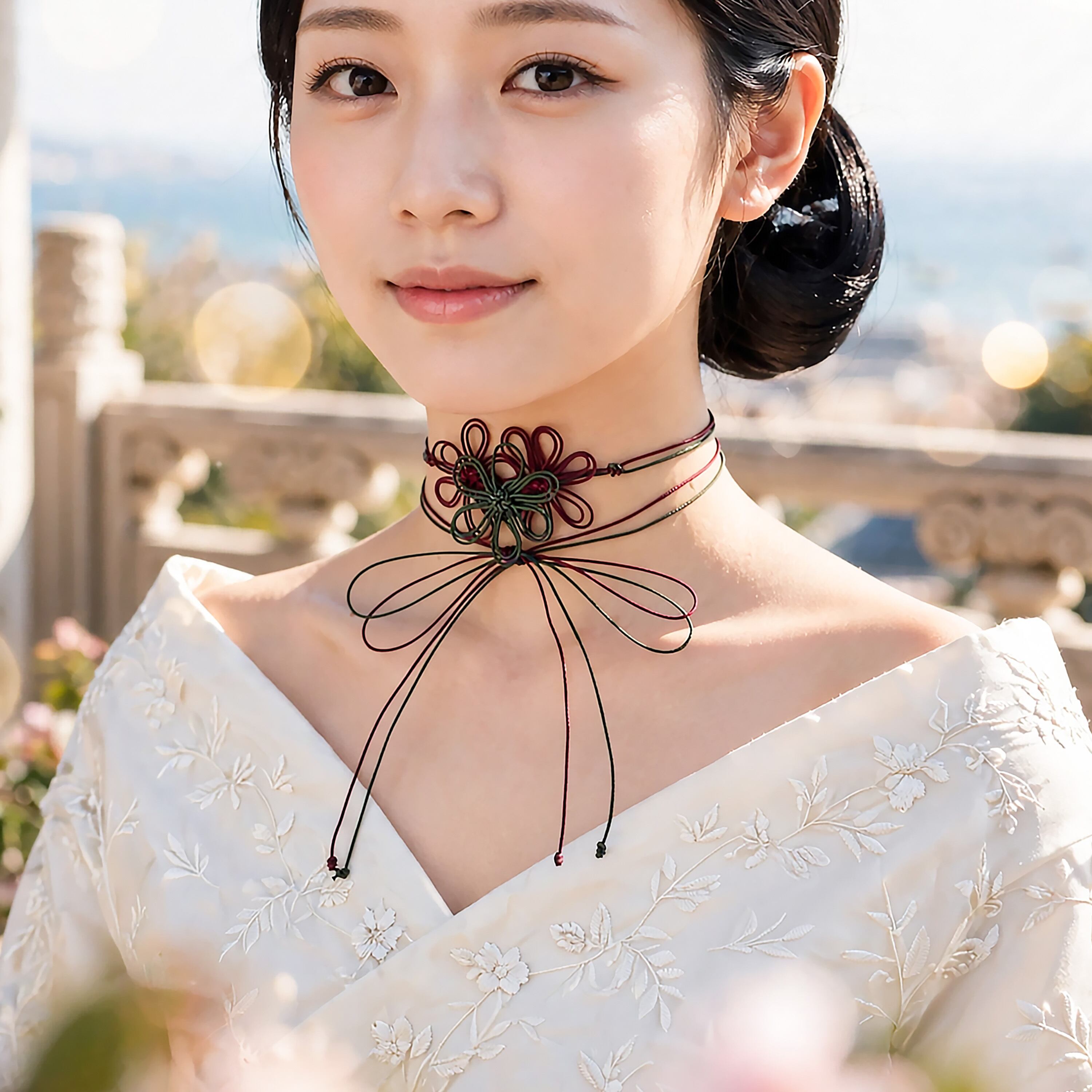 飾り結びチョーカー「華ニ惑フ」(深緑×臙脂)【軽量】浴衣・着物・フォーマル華やぐ二重巻。