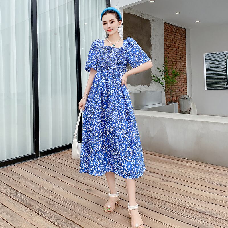 サマードレス ストレッチウェストバックフローラルスカート エラスティック 伸縮 大きめサイズ 夏物 花柄 スクウェア ミックスインファッション63686032766