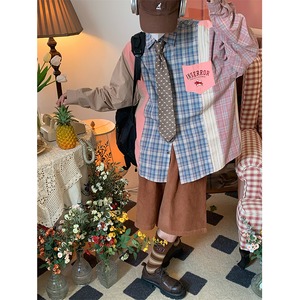 C2パッチワークカラーコントラスト格子柄シャツ
