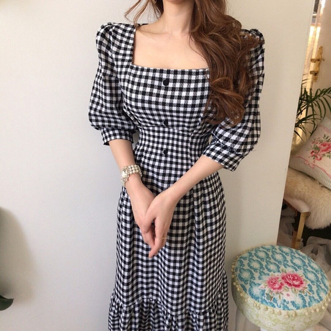 デザイン レトロ チェック柄 ワンピース