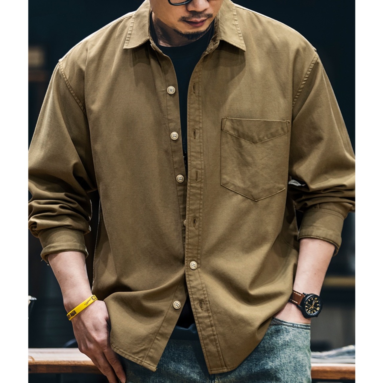 Button-Down Long Sleeve Shirt with Patch Pocket ◇H0241