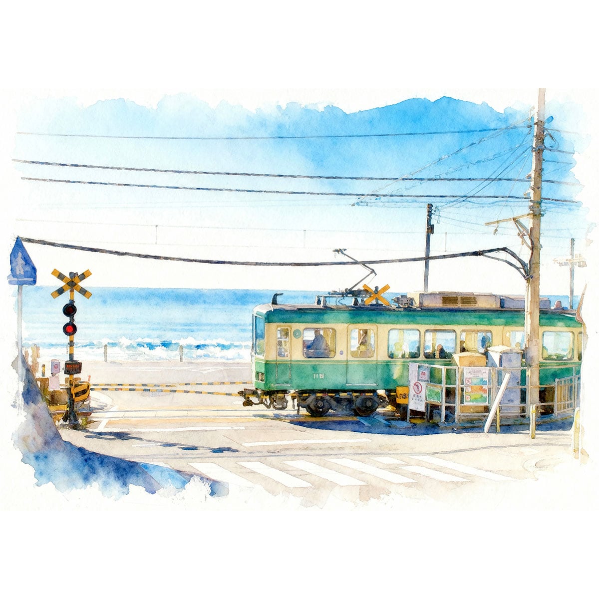 絵画 日本 江ノ電のある風景 鎌倉高校前駅 インテリアアート額付き 水彩画・油絵風 WAT0072