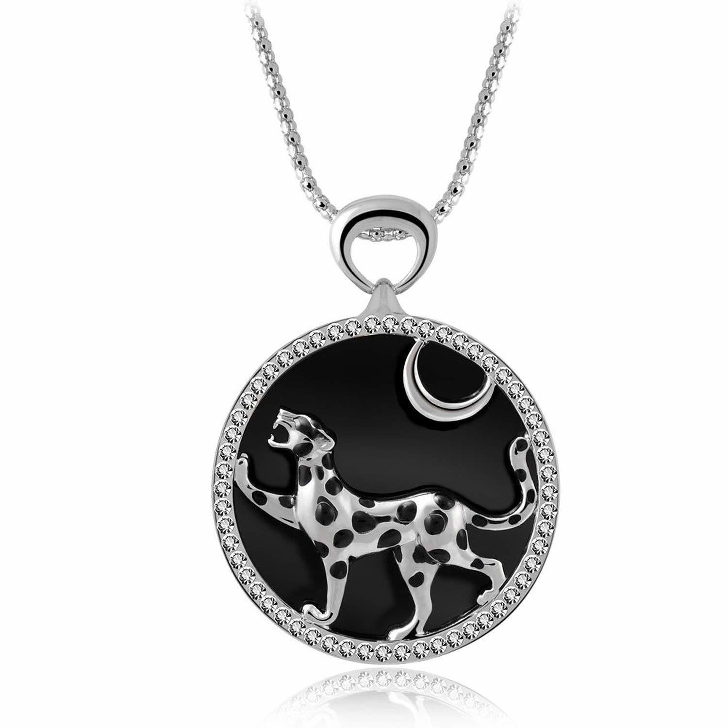 IUHA★オーストリア産CZ ダイヤモンド★18Kホワイトゴールドメッキ 真円型ペンダント ヒョウ/レオパード/豹型/ロングネックレス★金属アレルギーと変色防止 アクセサリー ギフト 08iuhav